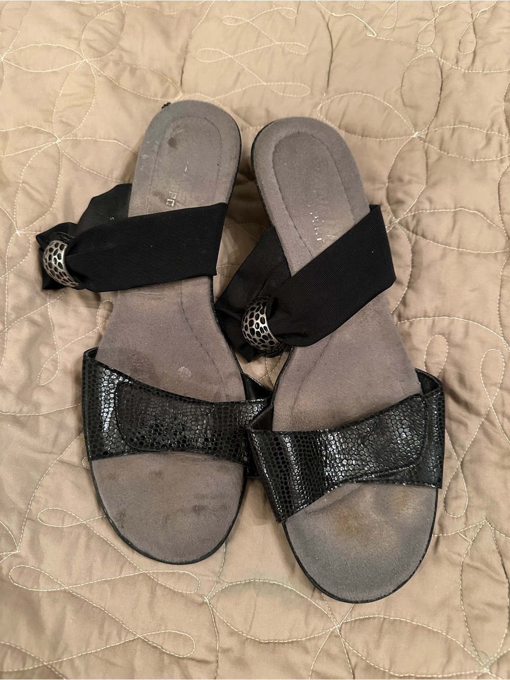 Vaneli Black Textured Slip-On Wedge Sandals